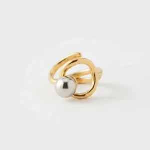 Bague ajustable dorée en acier inoxydable ornée d'une bille perle argentée