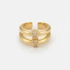 Bague ajustable double jonc bombé doré avec deux ponts sertis de strass en acier inoxydable