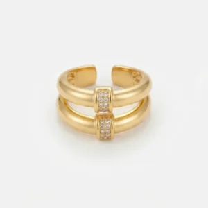 Bague ajustable double jonc bombé doré avec deux ponts sertis de strass en acier inoxydable
