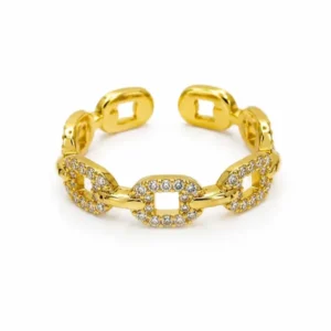 Bague chaîne à maillons gourmette pavés de strass en acier inoxydable doré