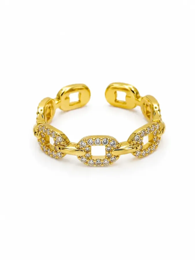 Bague chaîne à maillons gourmette pavés de strass en acier inoxydable doré