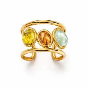 Vue de face de la bague dorée ajourée avec pierres cabochons jaune rose et vert