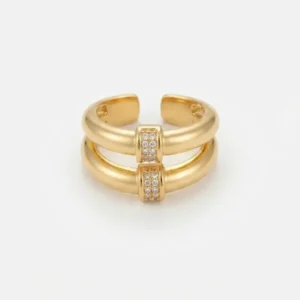 Bague double anneau doré en acier inoxydable ornée de barrettes pavées de strass scintillants
