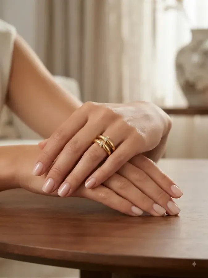 Bague dorée double anneau jonc et strass portée avec élégance aux mains d'une femme