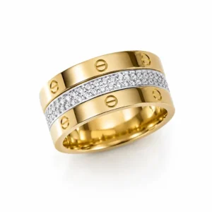 Bague large triple rang en acier inoxydable doré avec motifs vis et anneau pavé de strass