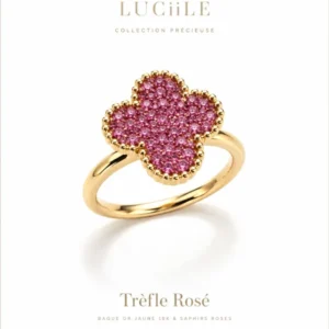 Présentation collection précieuse bague trèfle doré serti de strass roses