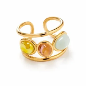 Bague manchette dorée en acier inoxydable ornée d'un trio de cabochons ovales multicolores