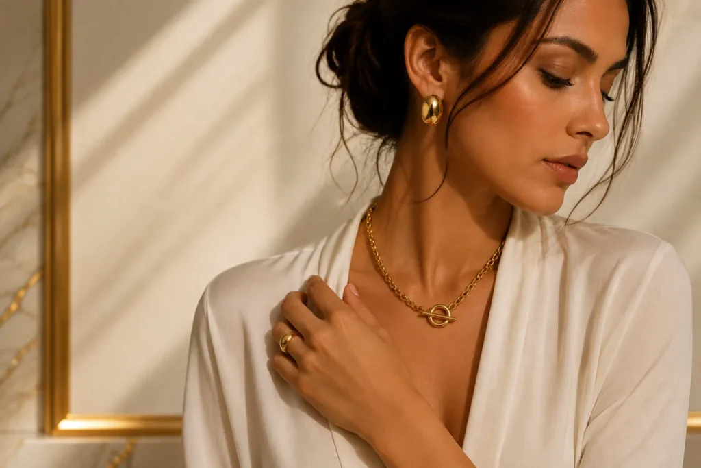 femme porte boucle bague collier acier