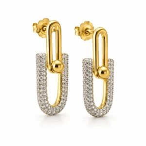 Boucles d'oreilles pendantes maillons étrier pavés de strass en acier inoxydable doré