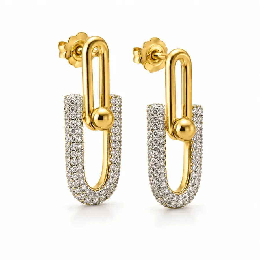 Boucles d'oreilles pendantes maillons étrier pavés de strass en acier inoxydable doré
