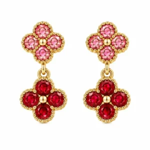 Boucles d'oreilles pendantes trèfles en acier inoxydable doré pavées de strass roses et rouges