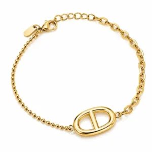 Bracelet asymétrique doré en acier inoxydable avec maillon marin et chaîne à boules