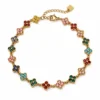 Bracelet chaîne trèfles à quatre feuilles sertis de strass multicolores en acier inoxydable doré