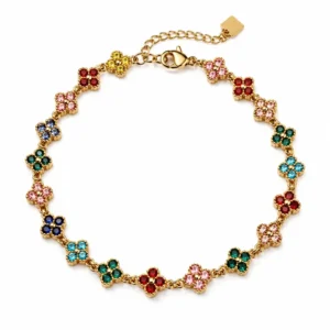 Bracelet chaîne trèfles à quatre feuilles sertis de strass multicolores en acier inoxydable doré