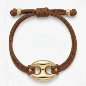 Bracelet cordon tressé marron avec maillon marina en acier inoxydable doré