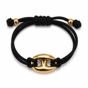Bracelet cordon tressé noir avec maillon marin en acier inoxydable doré