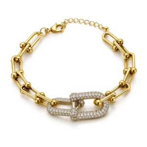 Bracelet doré maillons étrier et fermoir mousqueton avec chaînette d'extension