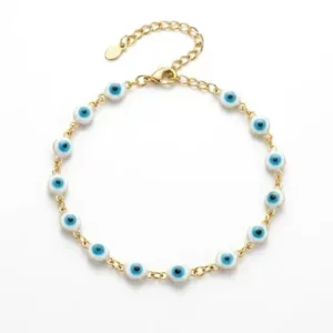 Bracelet chaîne dorée en acier inoxydable orné de perles œil grec bleu turquoise et blanc