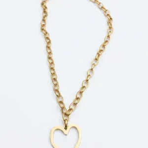Collier chaîne à gros maillons ovales avec pendentif cœur ajouré en acier inoxydable doré
