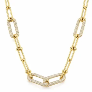 Collier chaîne maillons étrier U-link avec maillons pavés de strass en acier inoxydable doré