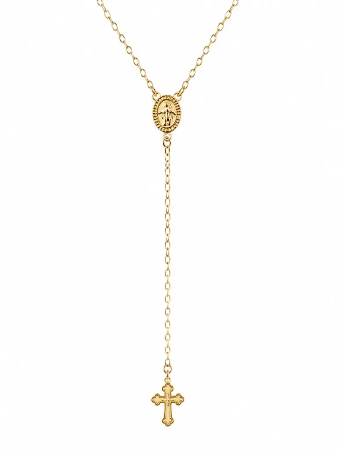 Collier chapelet cravate en acier inoxydable doré avec médaille de la Vierge Marie et croix