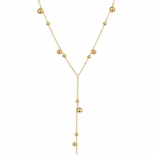 Collier cravate en Y en acier inoxydable doré orné de perles billes dorées