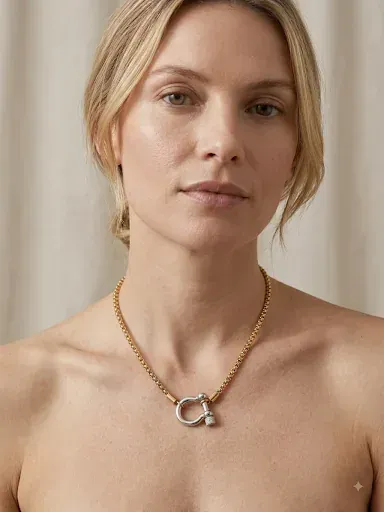 Collier bicolore doré et argenté avec fermoir manille porté au décolleté