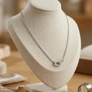 Collier chaîne argentée en acier inoxydable avec anneaux entrelacés pavés de strass
