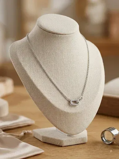 Collier chaîne argentée en acier inoxydable avec anneaux entrelacés pavés de strass