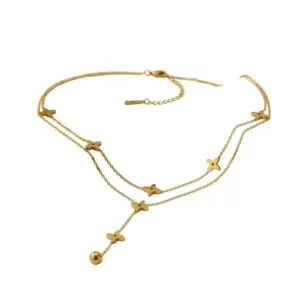 Collier sautoir étagé avec motifs floraux géométriques en acier inoxydable doré