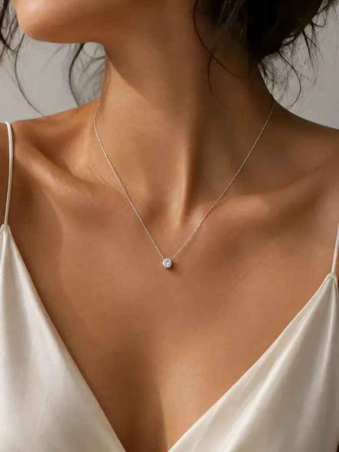 Collier solitaire argenté étincelant porté au creux du décolleté