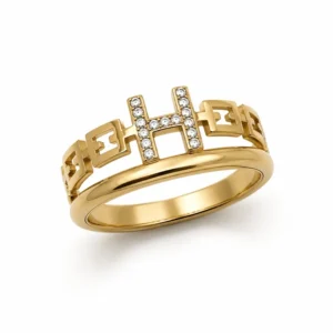 Duo de bagues en acier inoxydable doré jonc lisse et anneau motif H strass